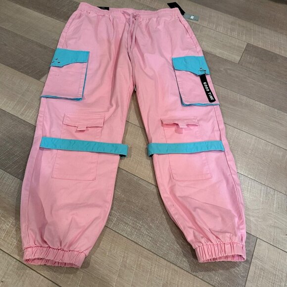 AMERICAN BAZI WOMENS 2X PINK AND SKY BLUE TWILL JOGGERS NEW - Picture 2 of 12